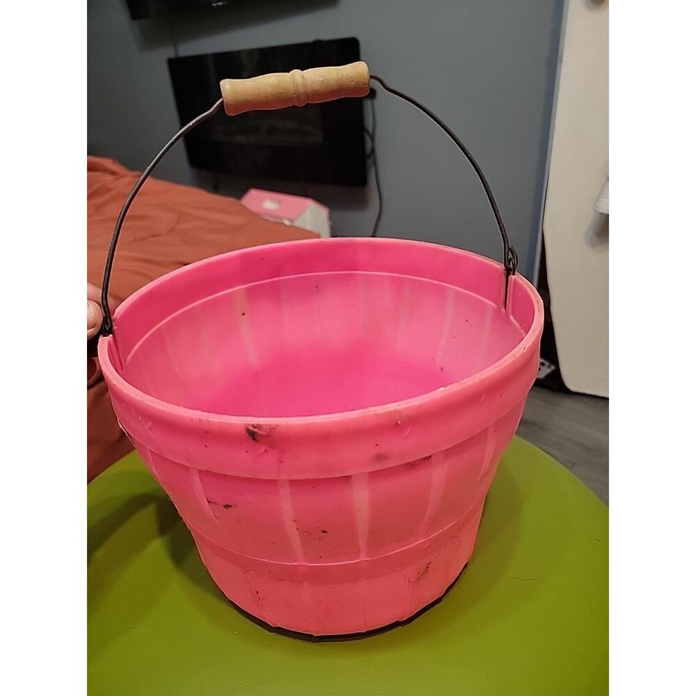 Vintage Easter Blow Mold Pink Bucket w/Wood Handle Spring Candy Basket